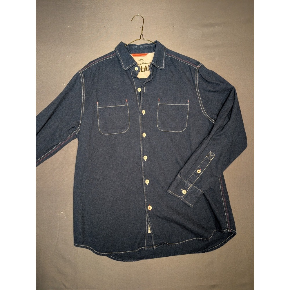 Tommy Bahama Relax Long sleeve Shirt Mens M Blue Button Up Pocket Denim look